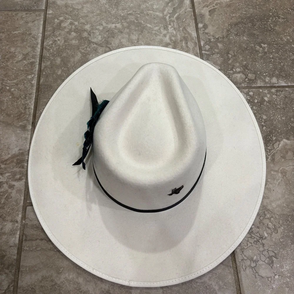 Flea Style White Australian Wool Wide Brim Fedora Hat Texas Feather 58cm